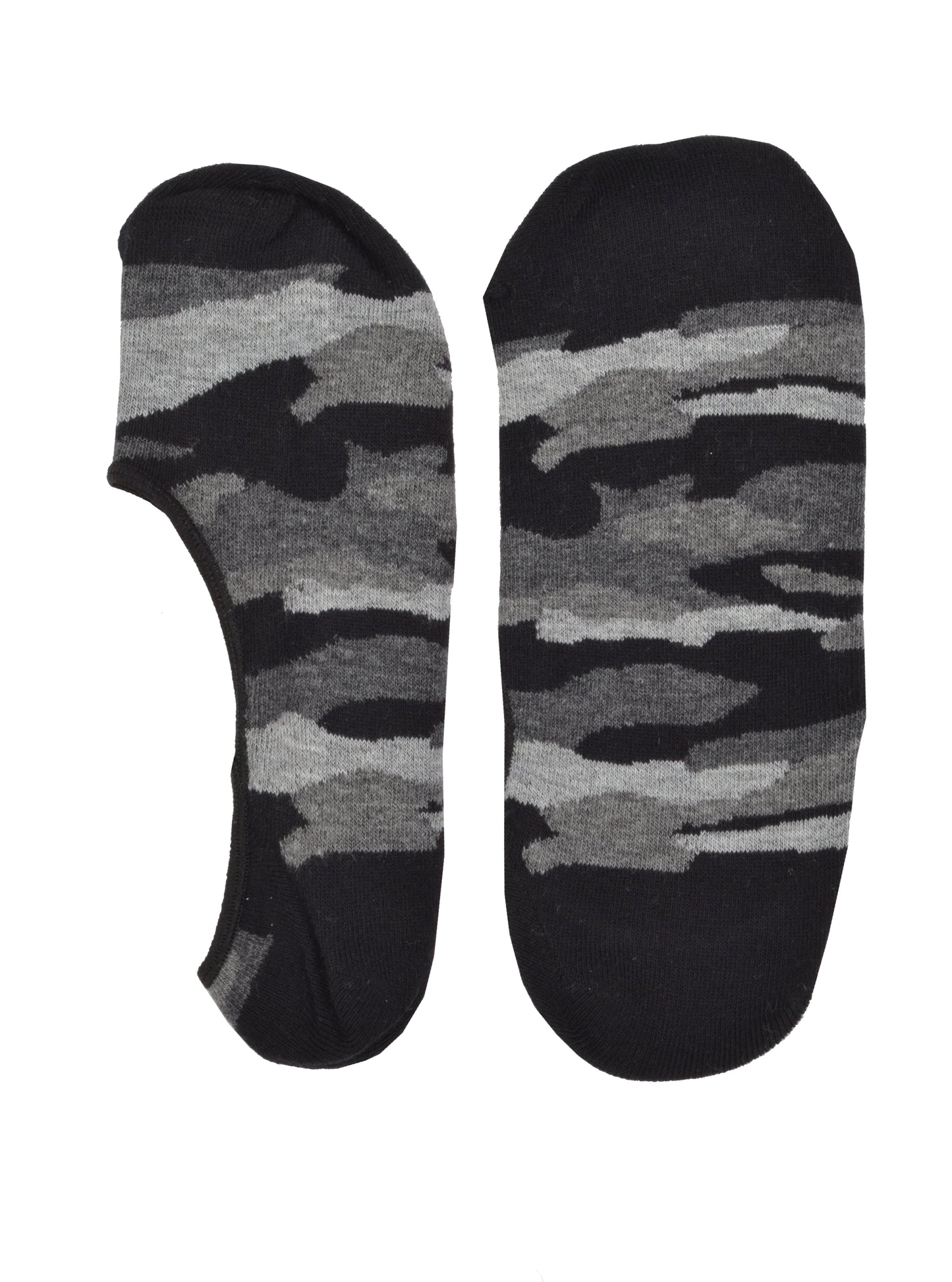 Pair of camouflage-patterned socks on a white background
