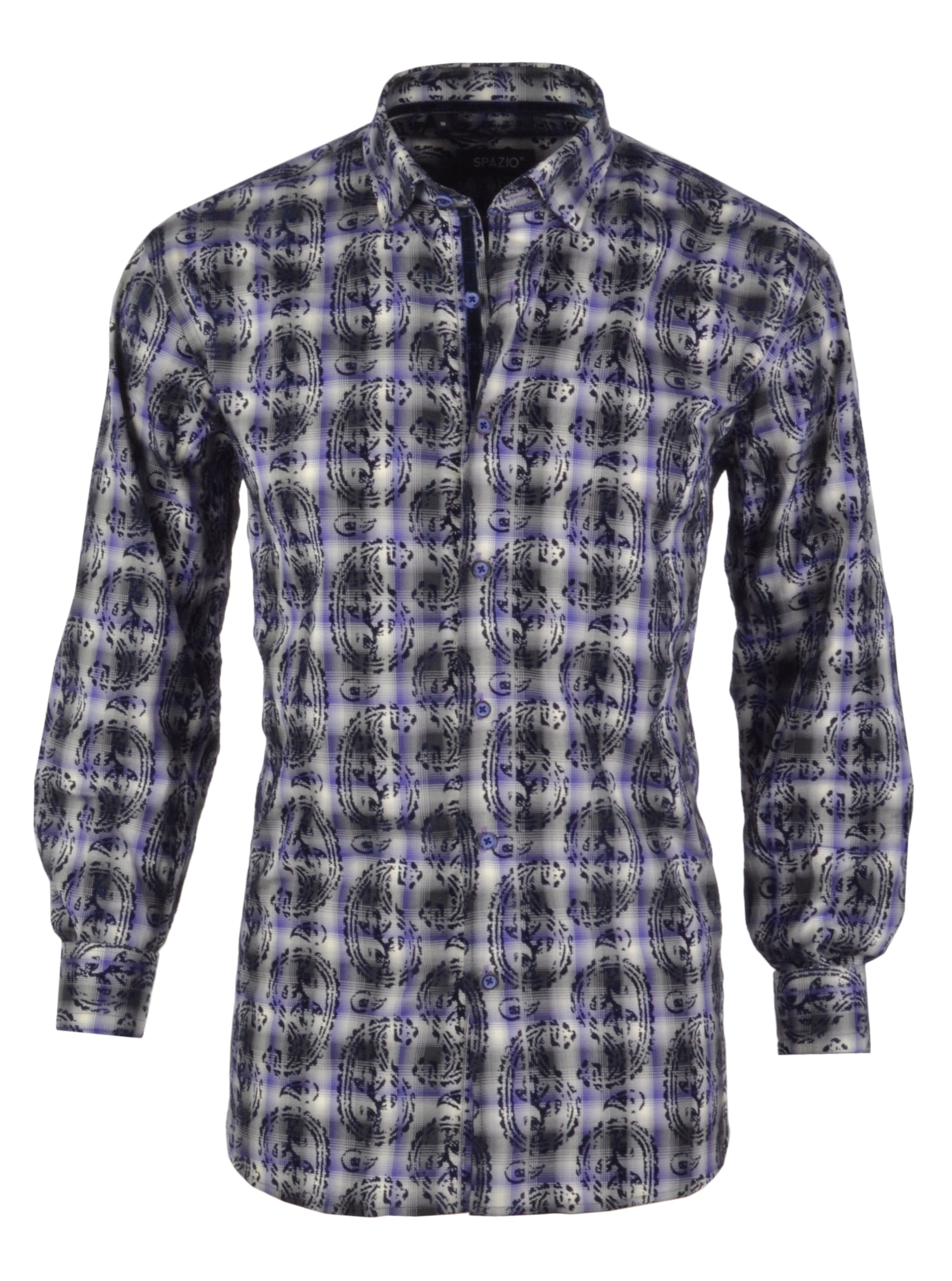 Cotton shirt with purple and gray pattern on a white background