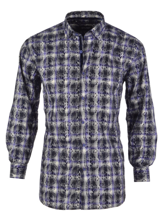 Cotton shirt with purple and gray pattern on a white background