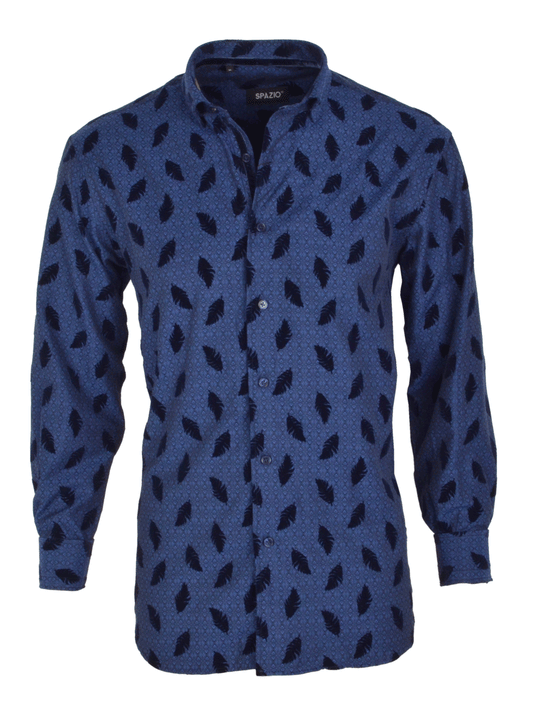 dark navy men's long sleeve dress shirt with dark navy feather flock print on top