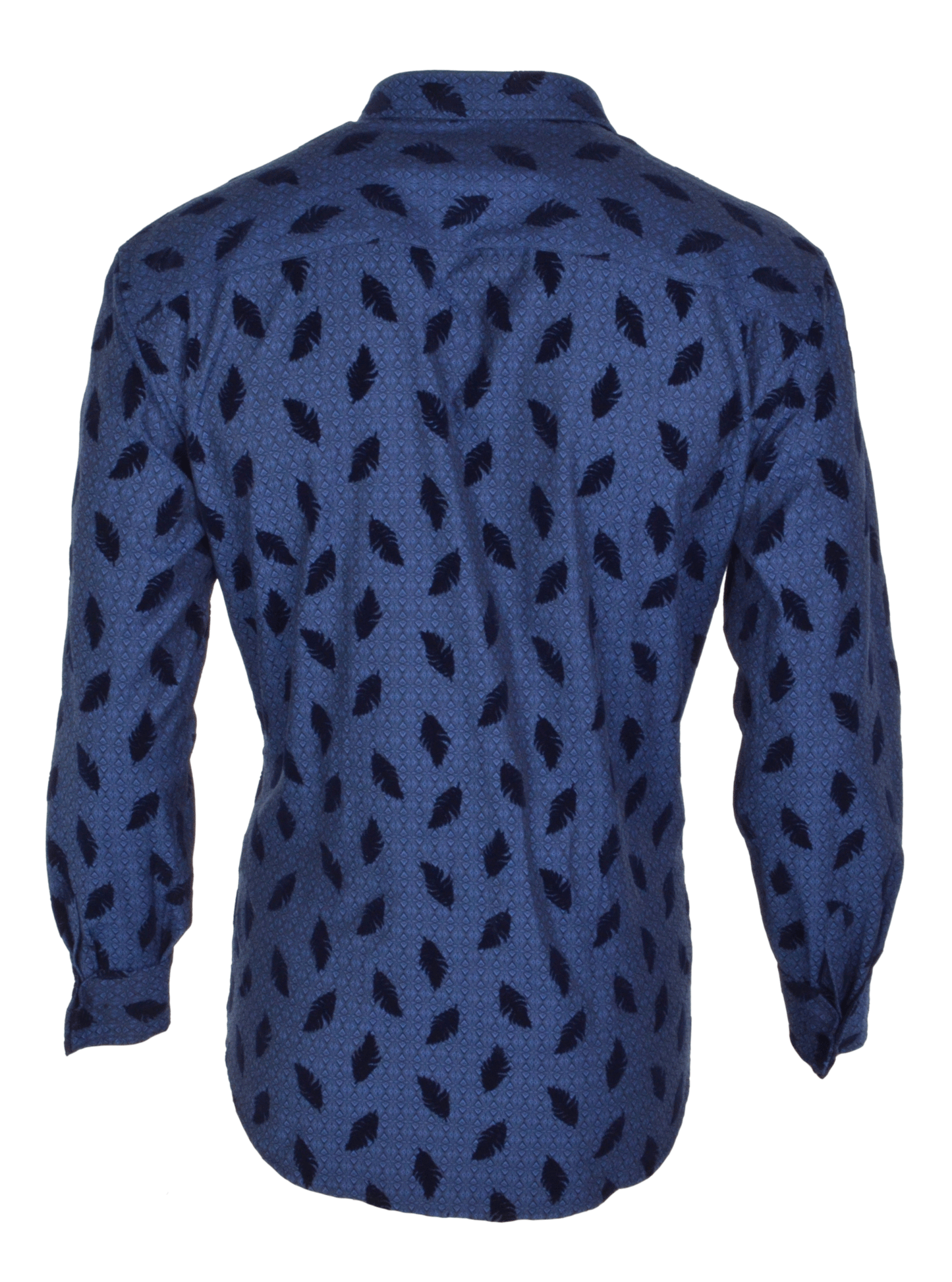 back view of a dark navy men's long sleeve dress shirt with dark navy feather flock print on top