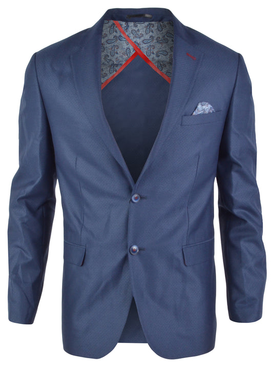 Blue blazer with patterned lining on a white background