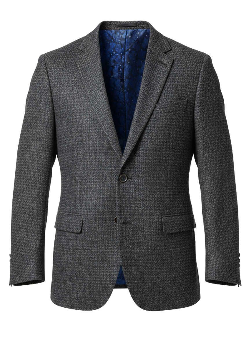 Black and grey textured blazer with blue lining on a white background