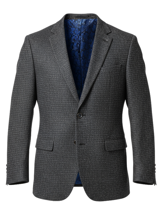 Black and grey textured blazer with blue lining on a white background