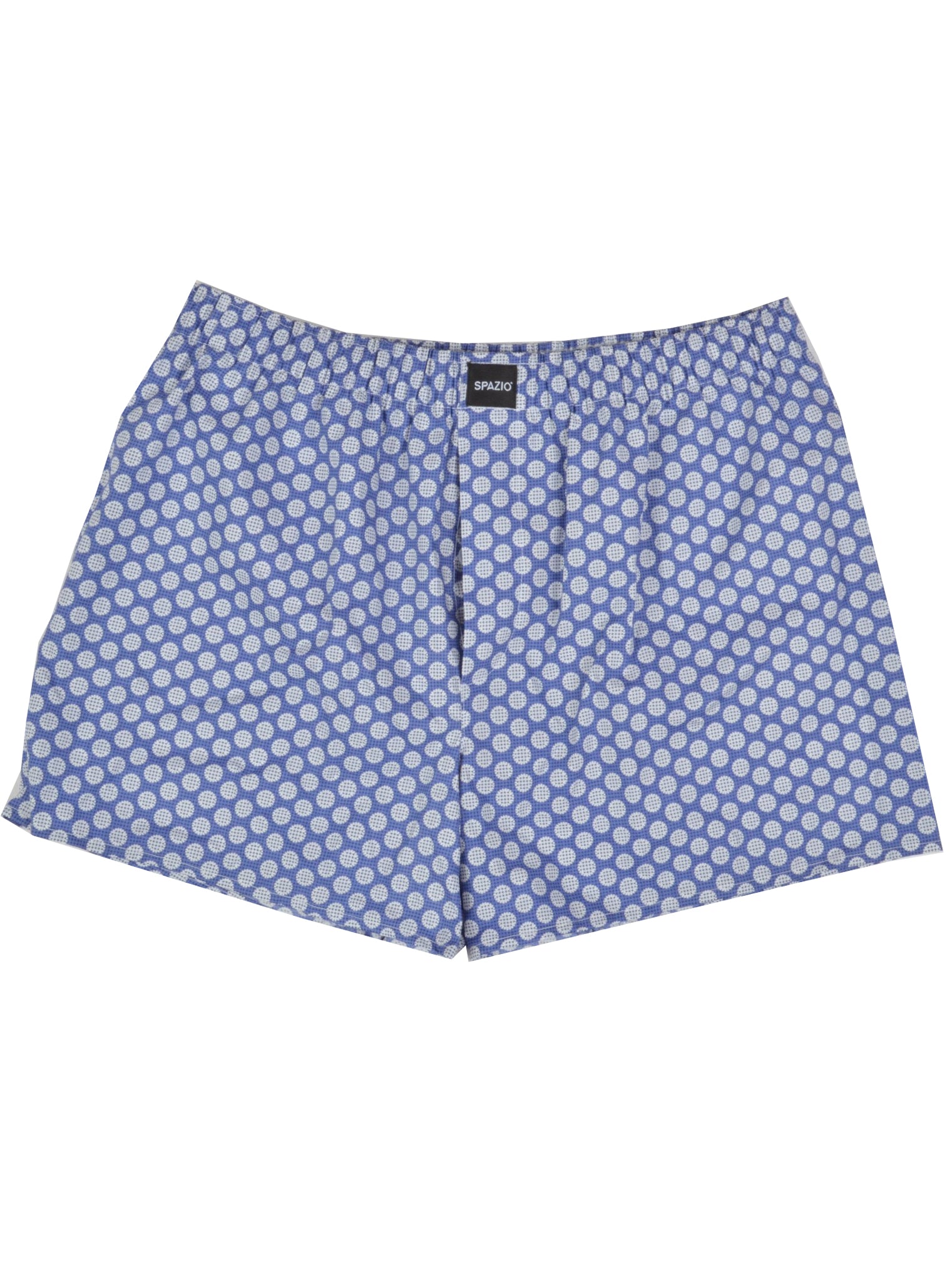 blue boxer shorts with a white circular pattern on a white background
