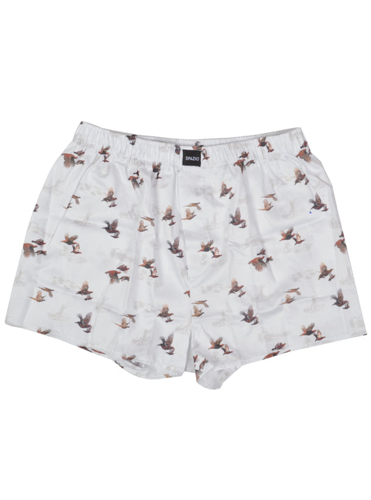 This image displays a pair of porcelain boxer shorts designated as model BX-5029. The boxer shorts feature a delicate and charming pattern of birds in flight, set against a soft, pale background.
