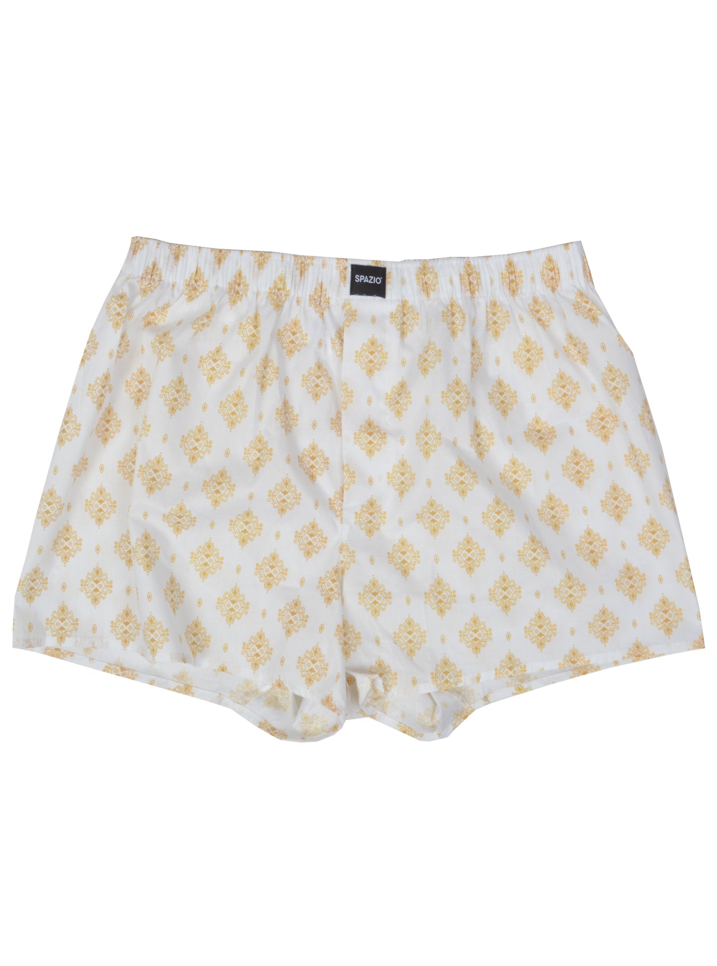 white boxer shorts with a golden damask print design on top