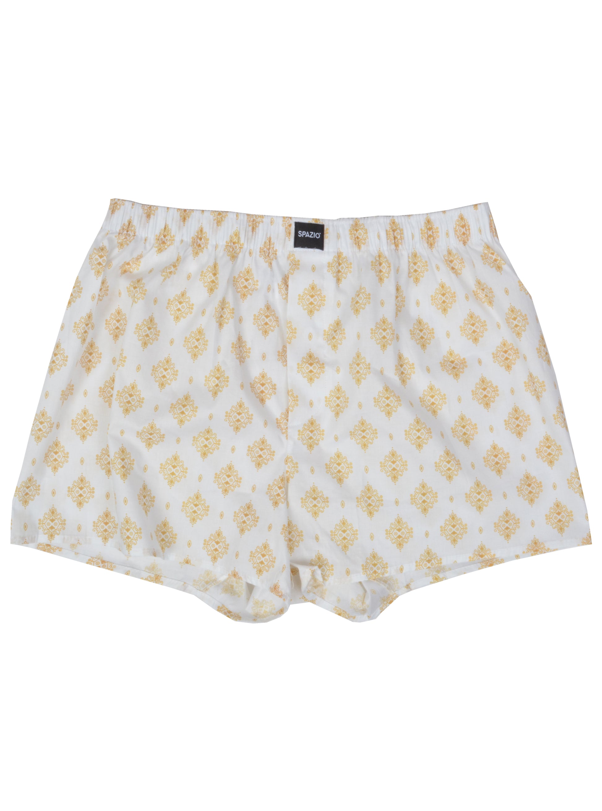 white boxer shorts with a golden damask print design on top