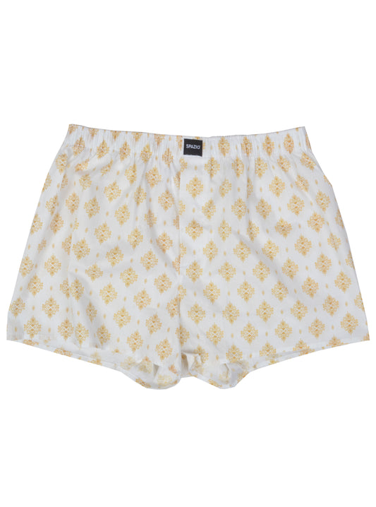 white boxer shorts with a golden damask print design on top