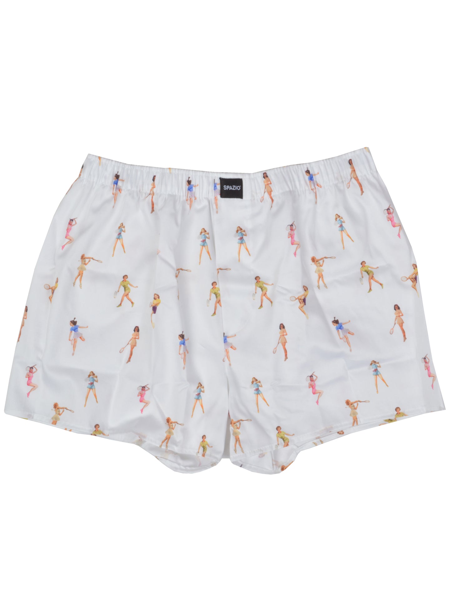 Boxer shorts with a pattern of women in various poses on a white background