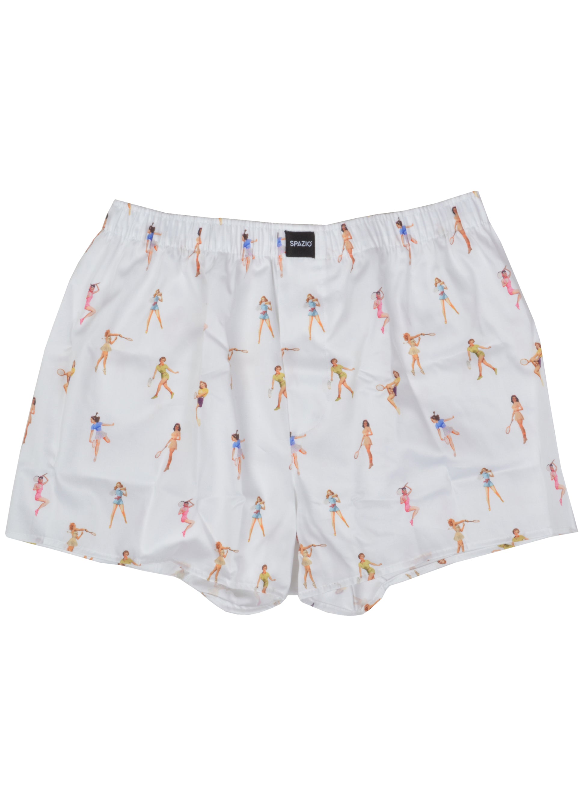 Boxer shorts with a pattern of women in various poses on a white background