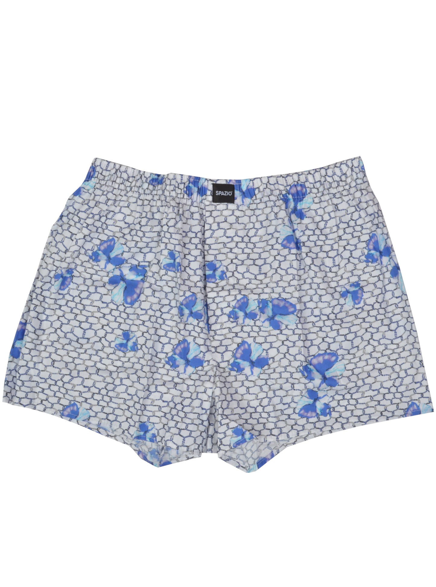Boxer shorts with blue butterfly pattern on a white background
