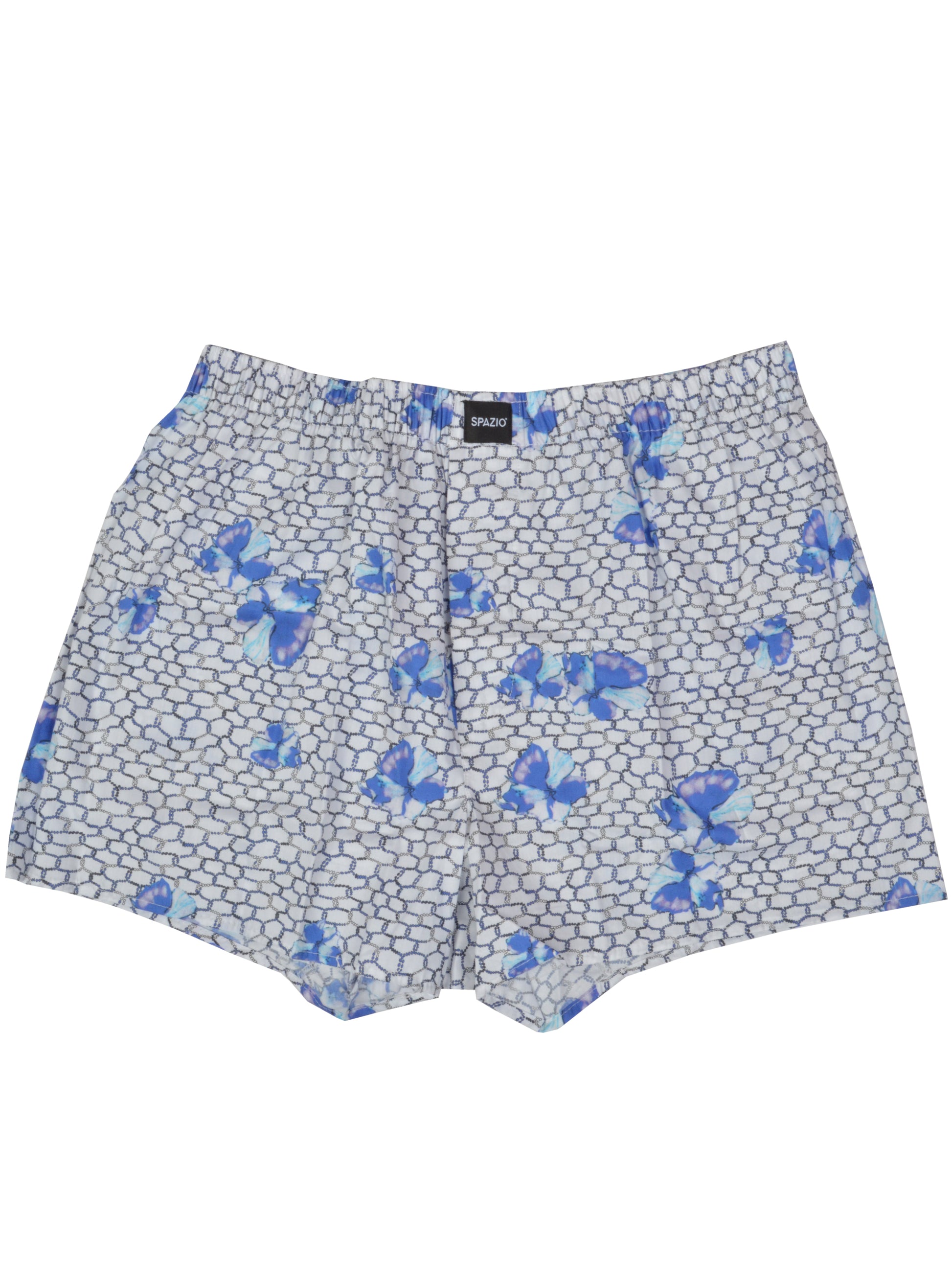Boxer shorts with blue butterfly pattern on a white background