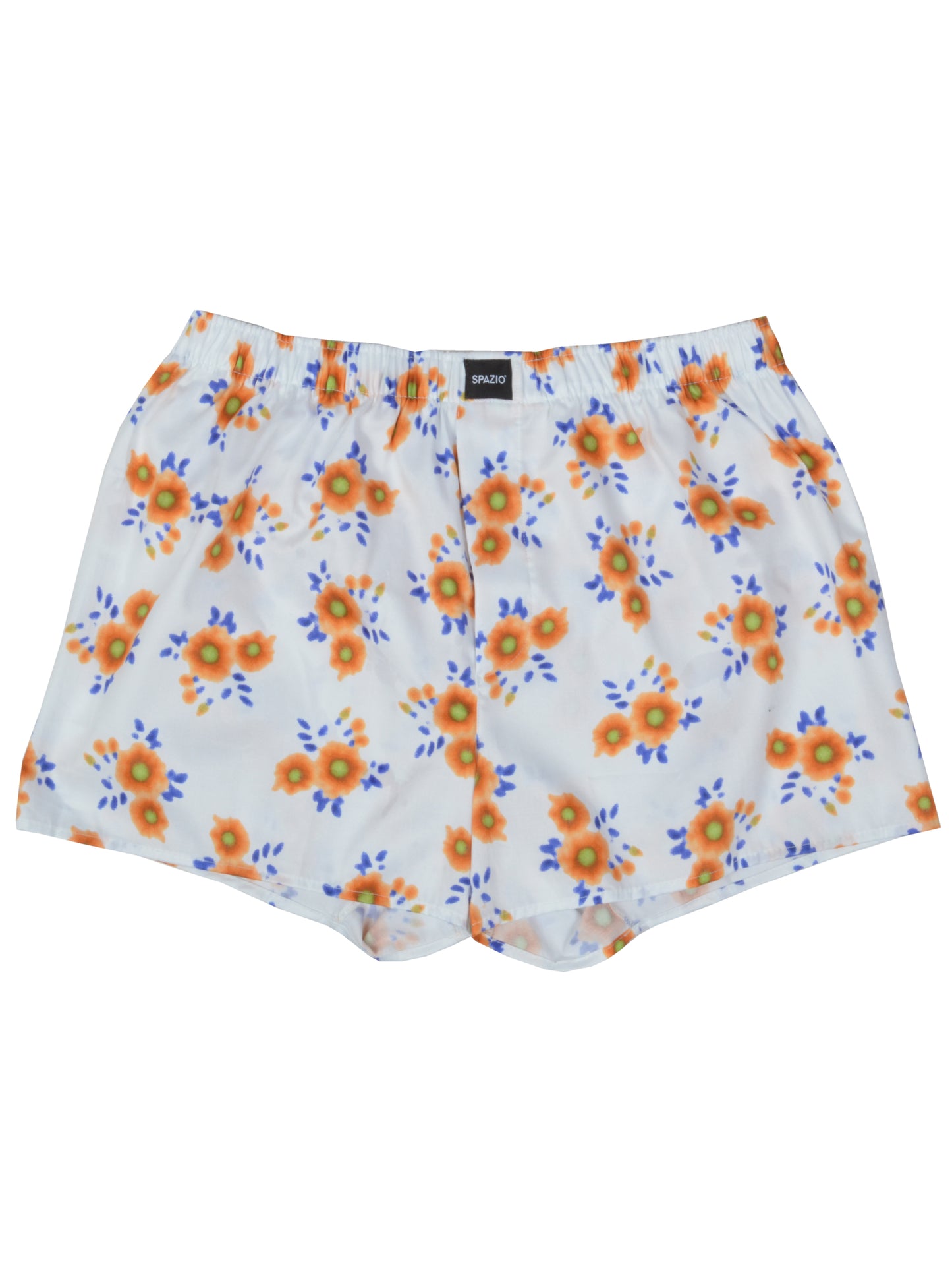 white boxers with a yellow floral pattern with blue leaves on a white background