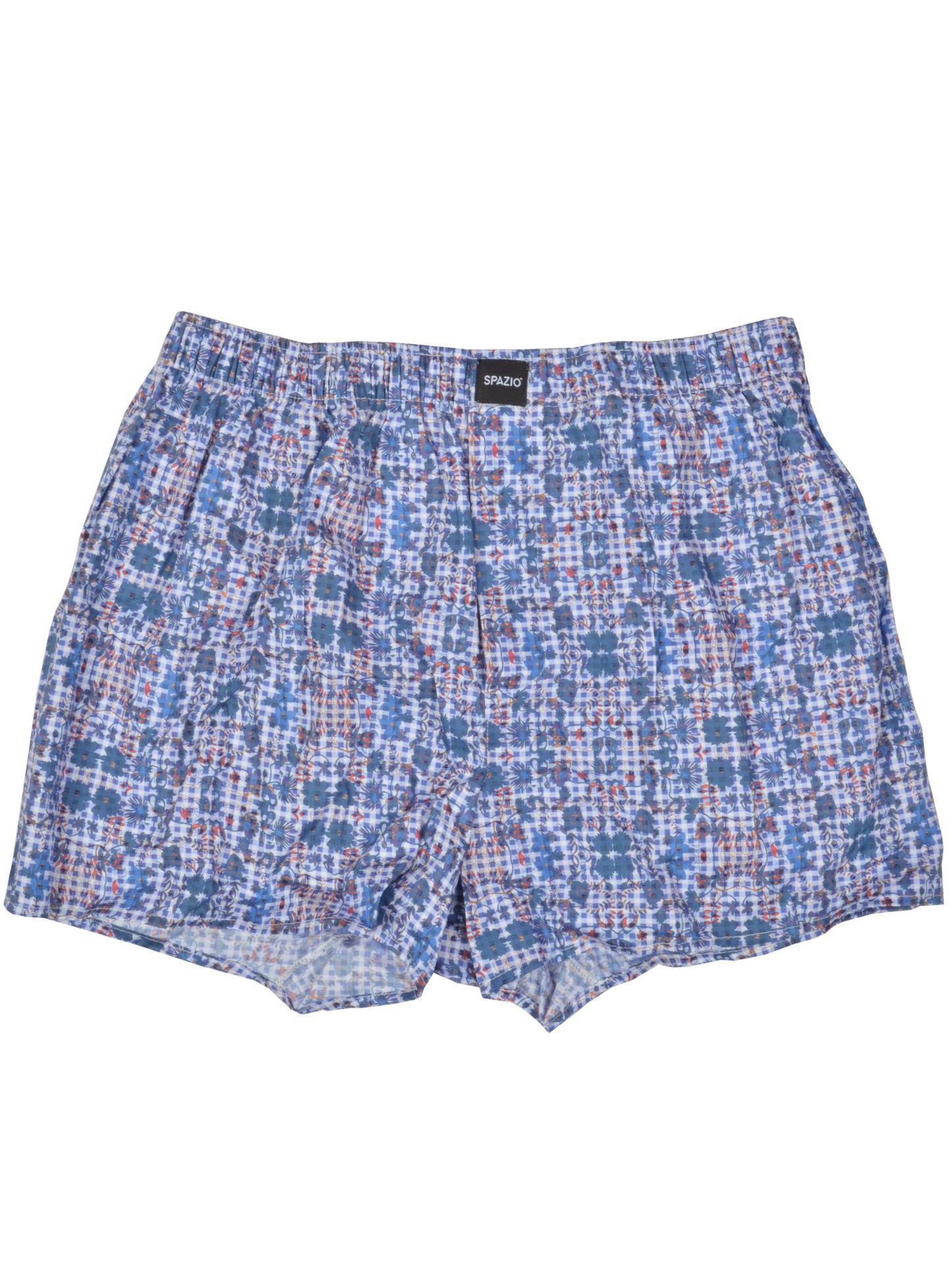 Plaid patterned boxer shorts with a floral print on a white background