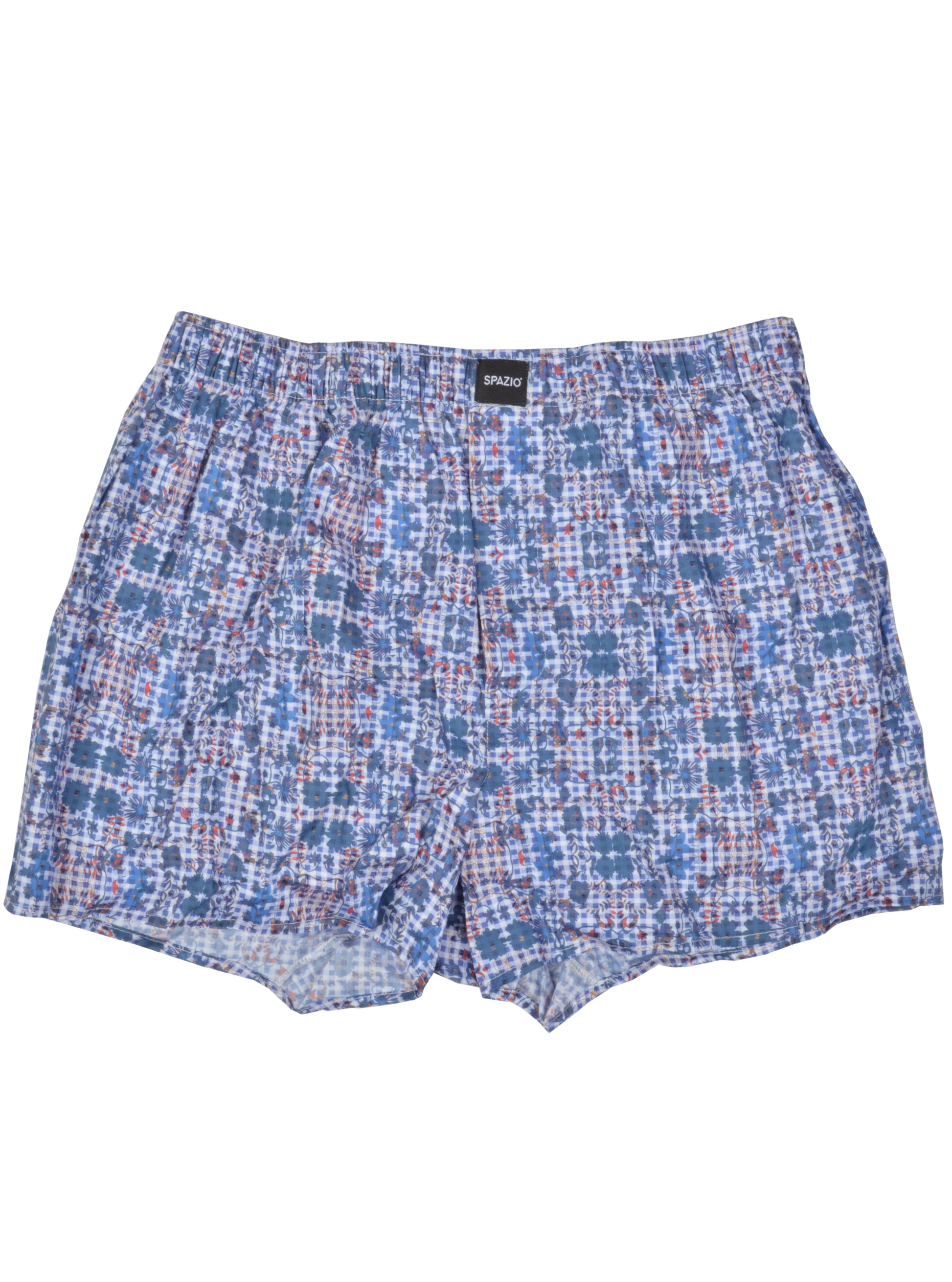 Plaid patterned boxer shorts with a floral print on a white background