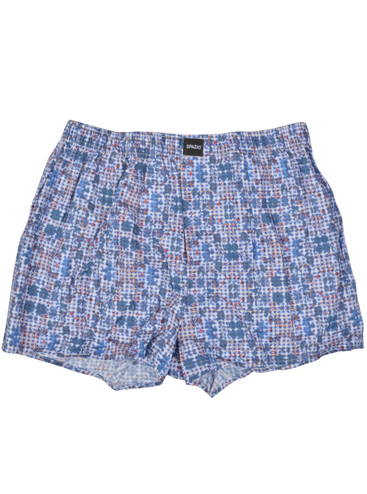 Plaid patterned boxer shorts with a floral print on a white background