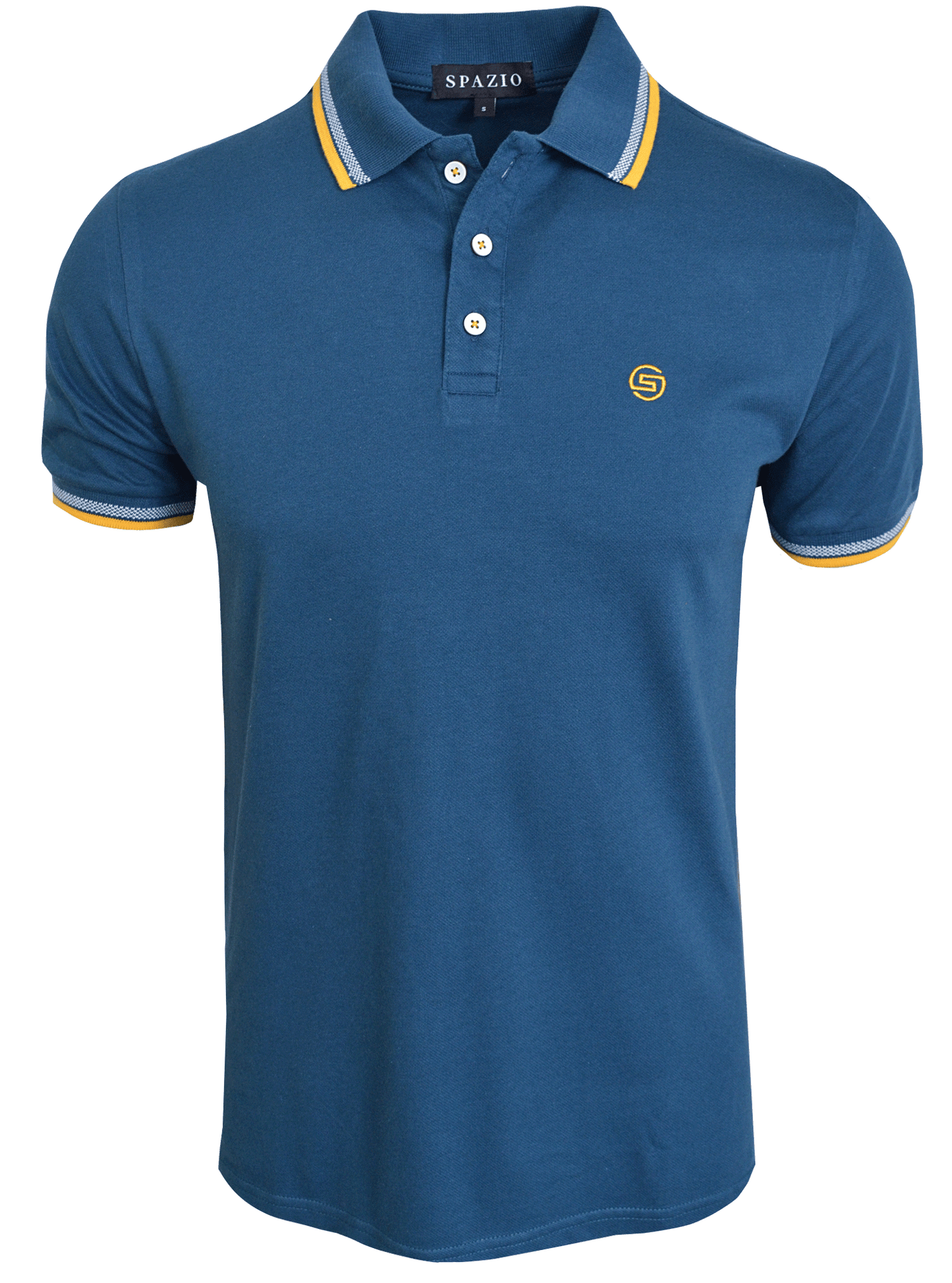 A blue polo shirt with yellow and white contrast on the cuff and collar, made of cotton-elastane blend.