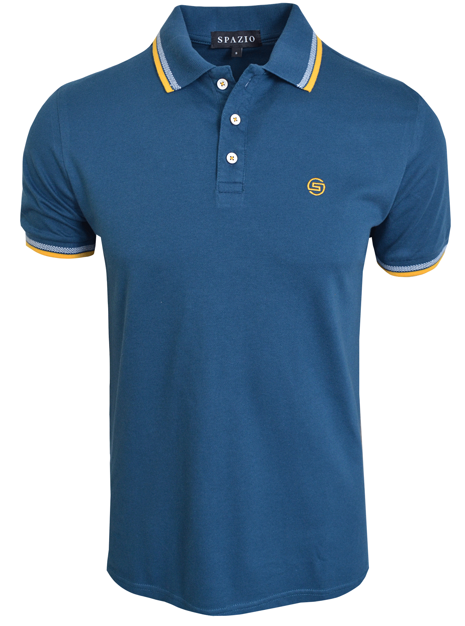 A blue polo shirt with yellow and white contrast on the cuff and collar, made of cotton-elastane blend.