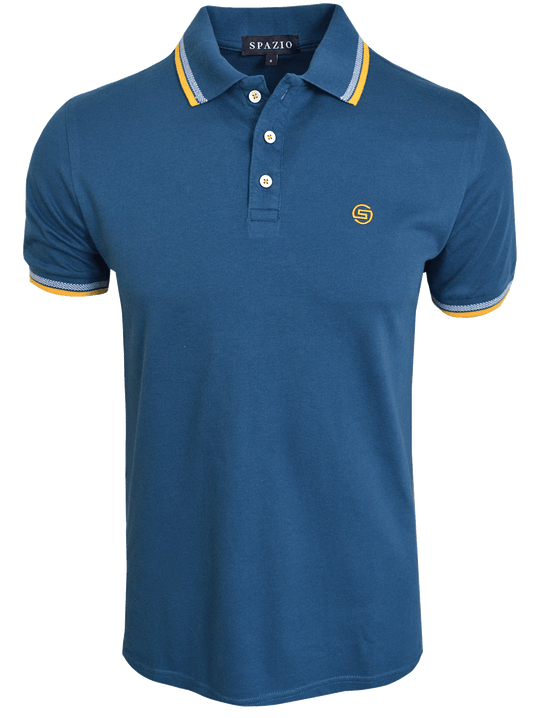 A blue polo shirt with yellow and white contrast on the cuff and collar, made of cotton-elastane blend.