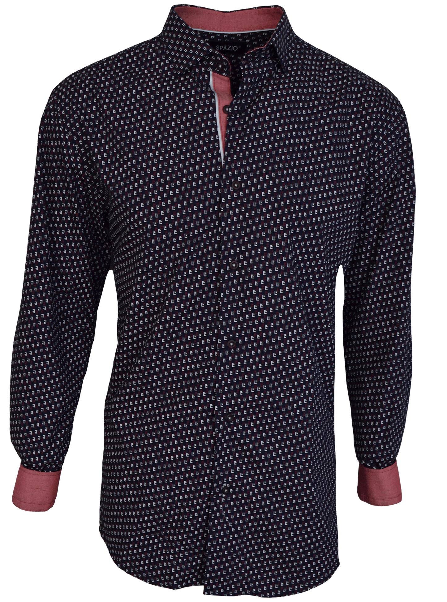 Navy patterned shirt with red accents on a white background