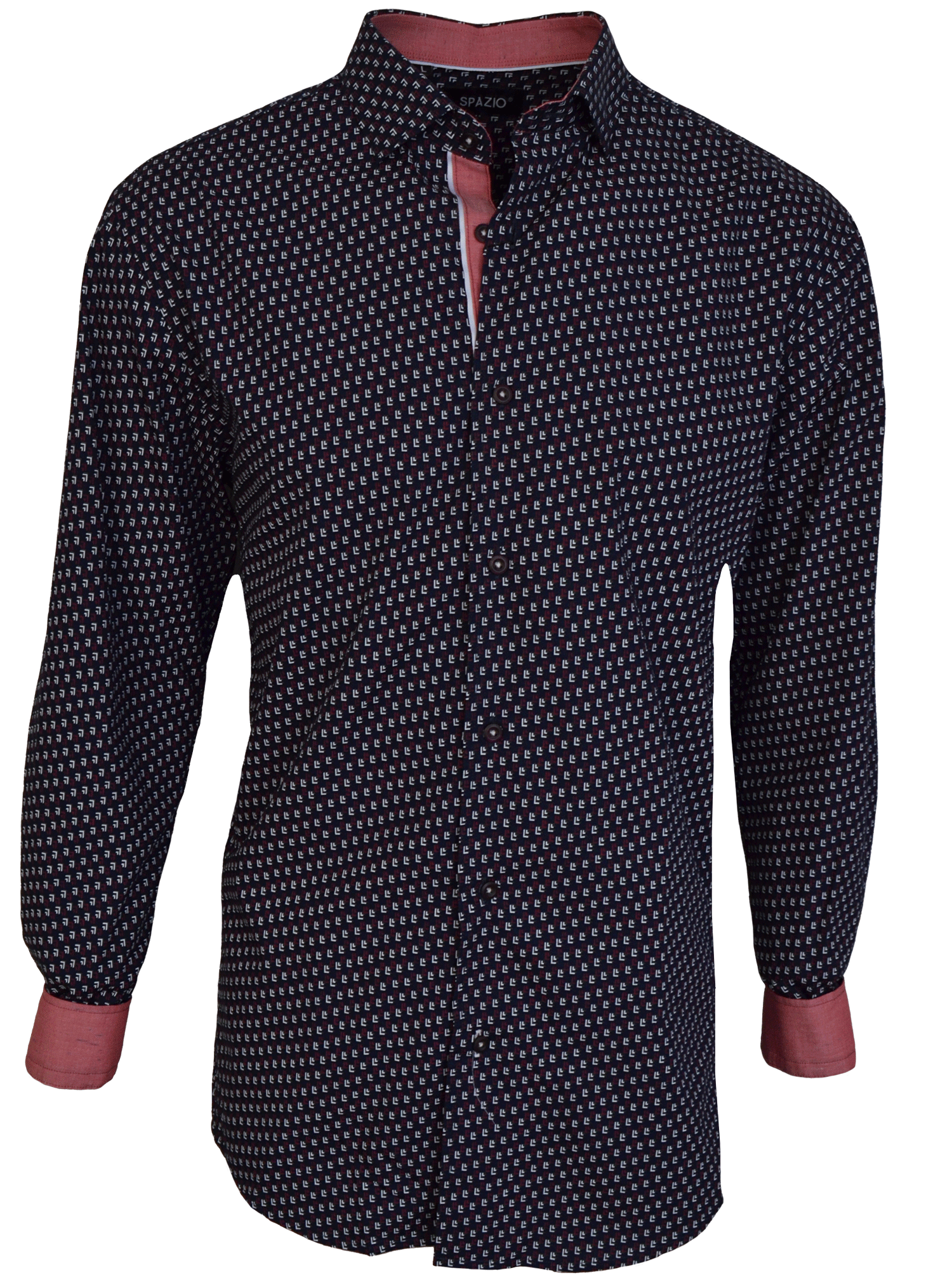 Navy patterned shirt with red accents on a white background