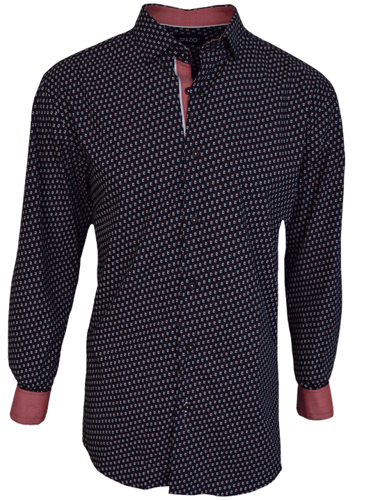 Navy patterned shirt with red accents on a white background