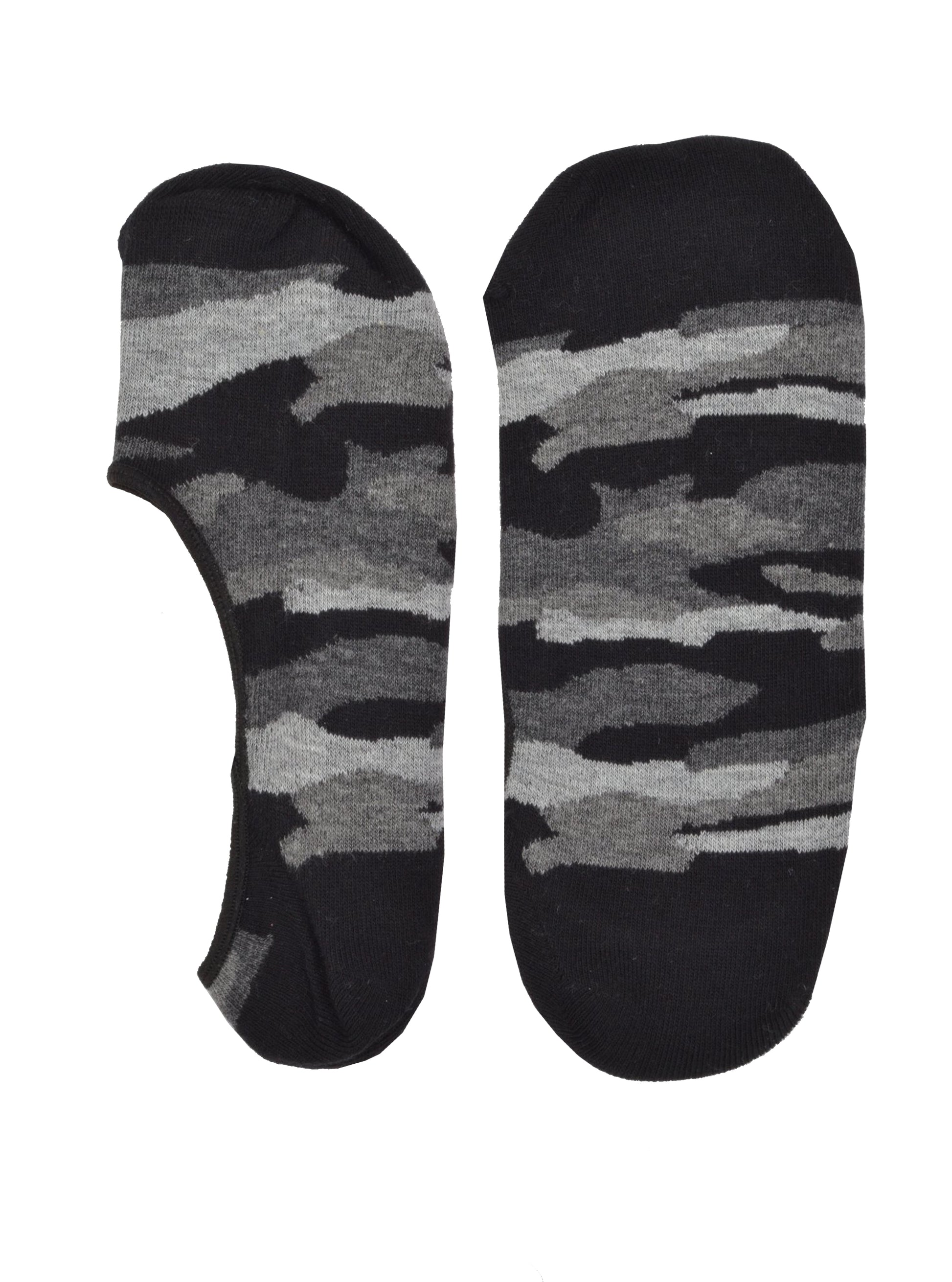 Pair of camouflage-patterned socks on a white background