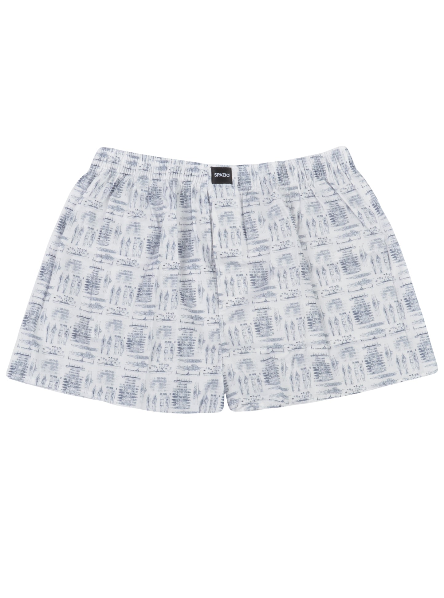 White boxer shorts with grey naval ship pattern on a white background