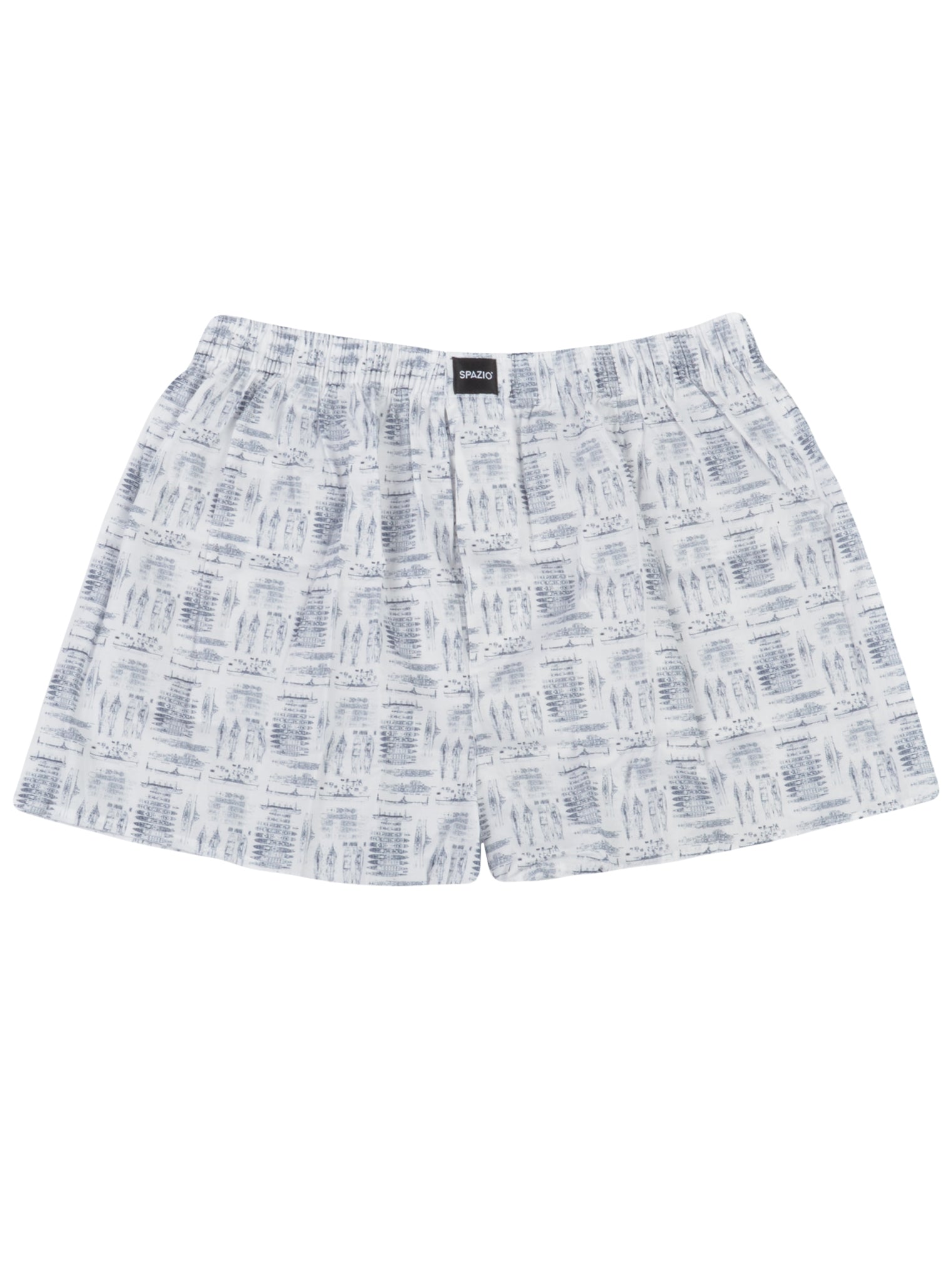 White boxer shorts with grey naval ship pattern on a white background