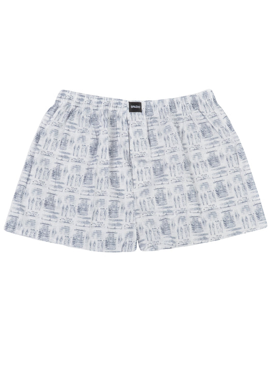 White boxer shorts with grey naval ship pattern on a white background