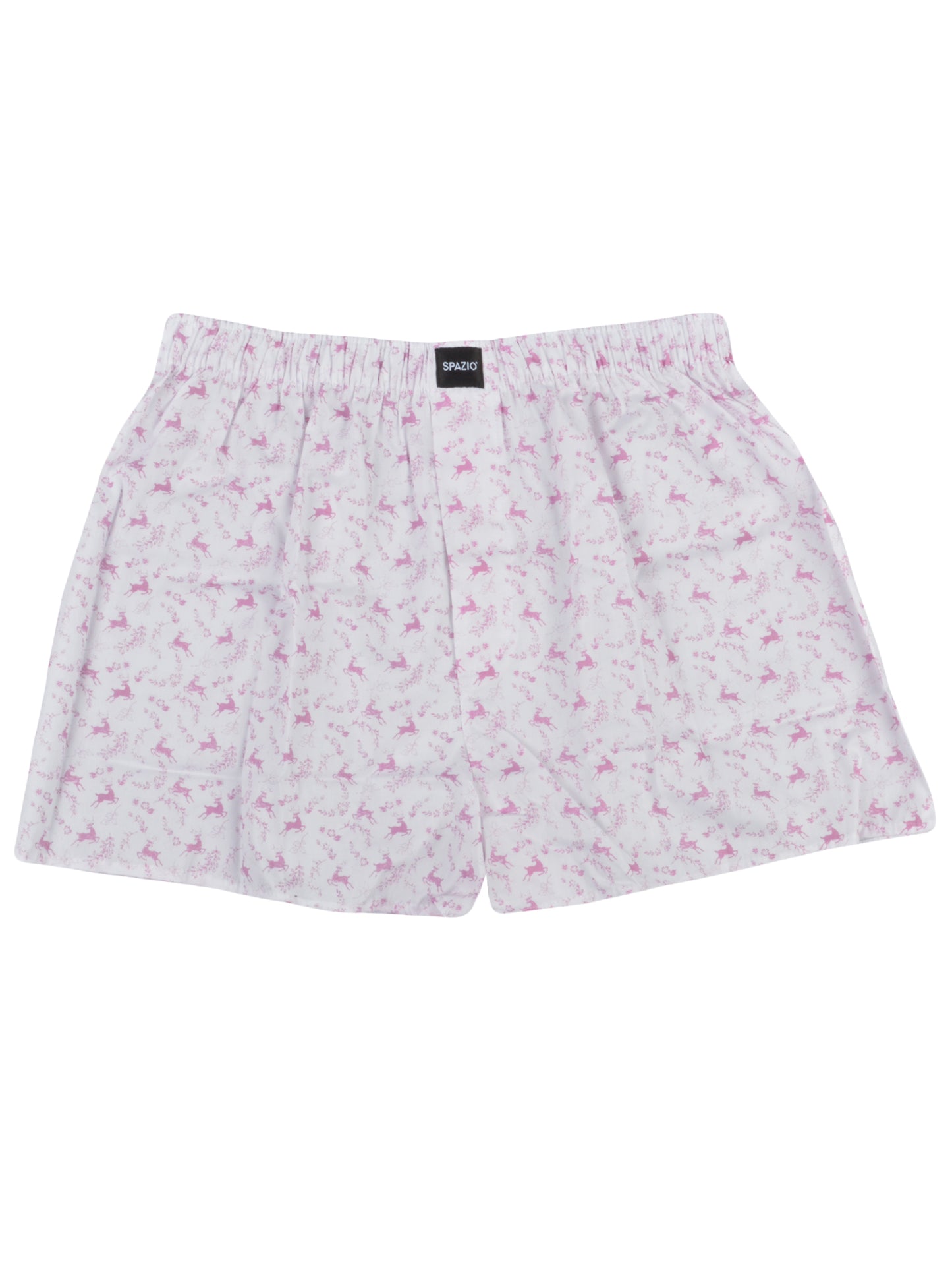 A pair of white boxer shorts with a small reindeer and floral pattern.