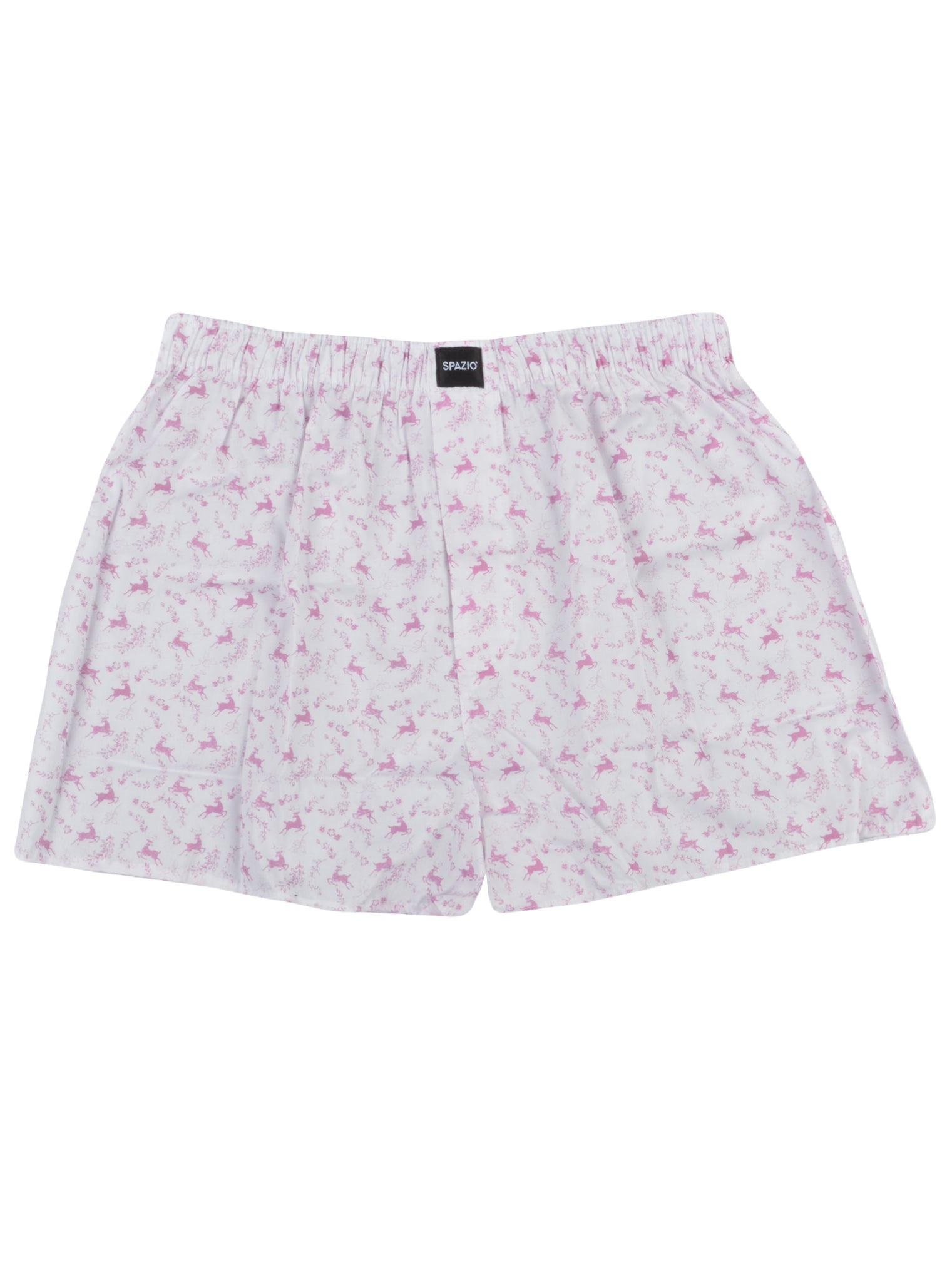 A pair of white boxer shorts with a small reindeer and floral pattern.