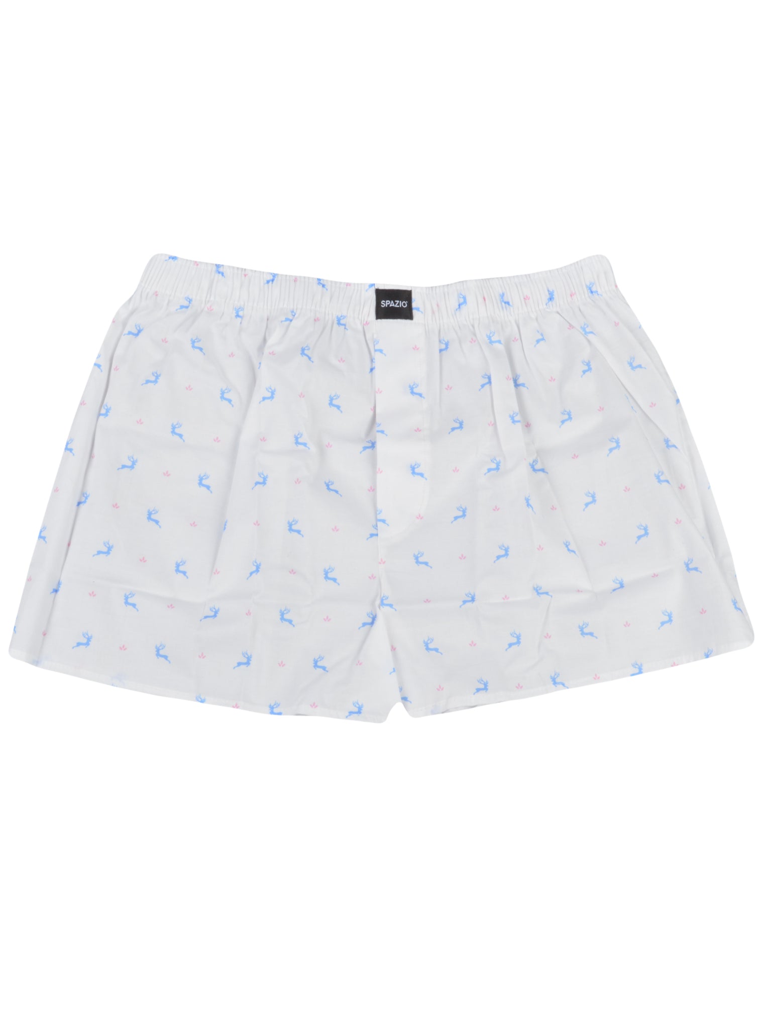 White boxer shorts with blue reindeer pattern on a white background