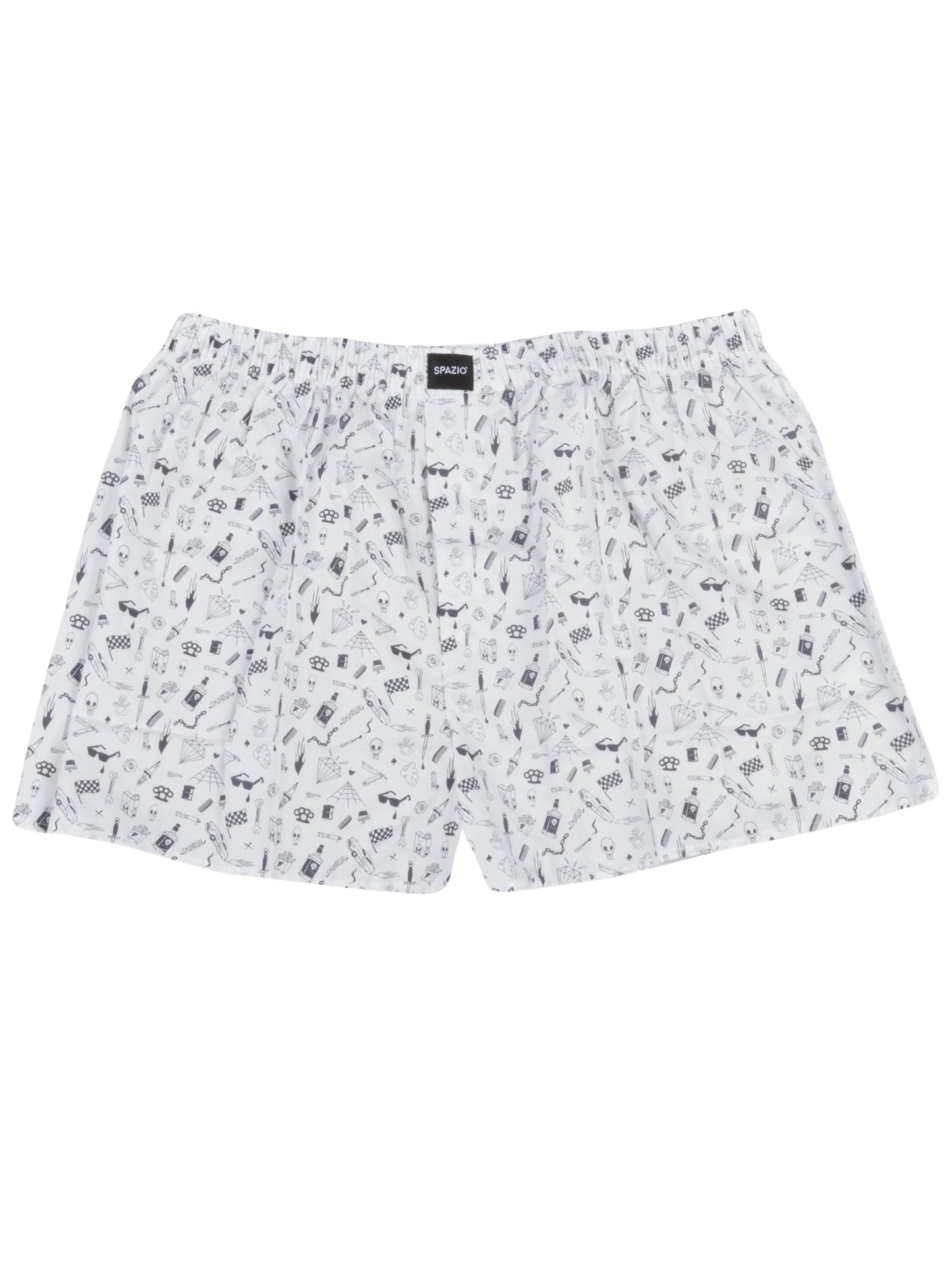 white boxer shorts with a Checker flag, sunglass and skull patterned boxer shorts on a white background