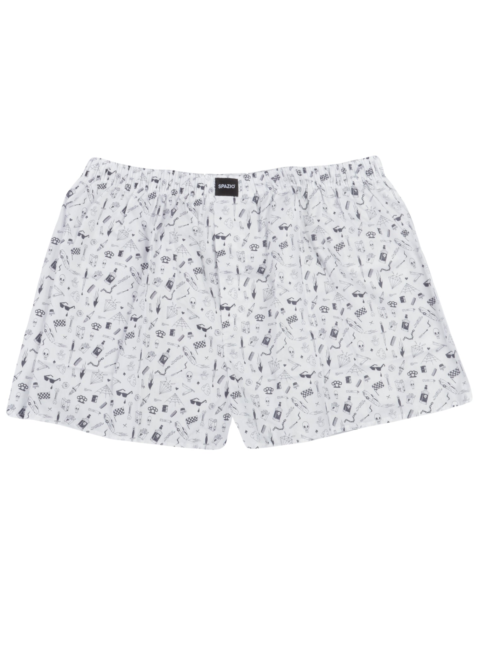 white boxer shorts with a Checker flag, sunglass and skull patterned boxer shorts on a white background