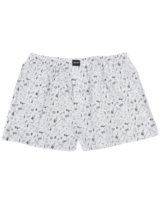 white boxer shorts with a Checker flag, sunglass and skull patterned boxer shorts on a white background