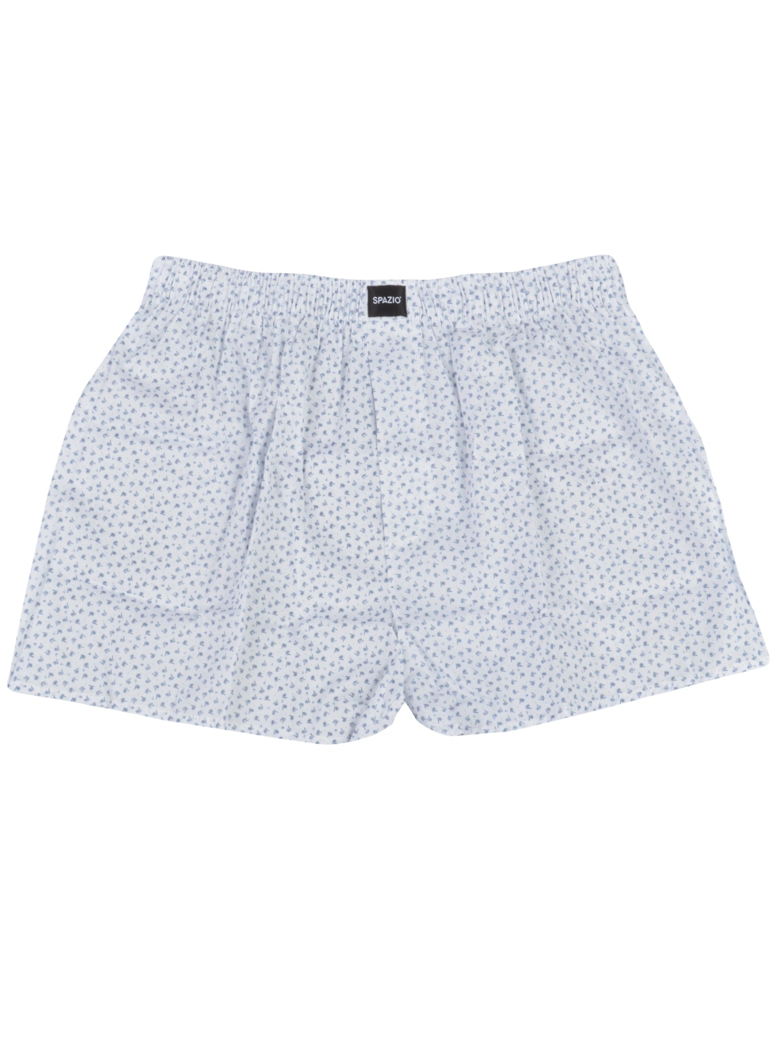 White boxer shorts with a subtle blue pattern on a white background