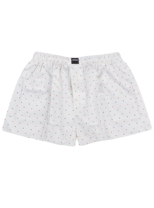 White boxer shorts with small colorful dots on a white background