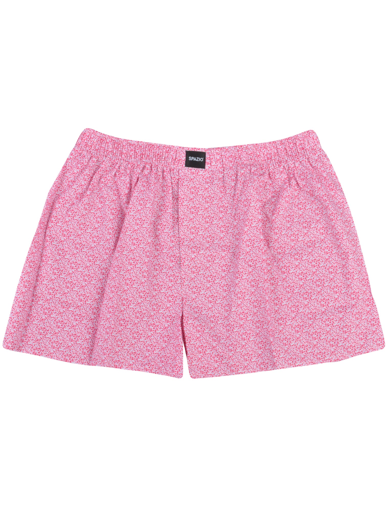 Pink boxer shorts with a subtle pattern on a white background