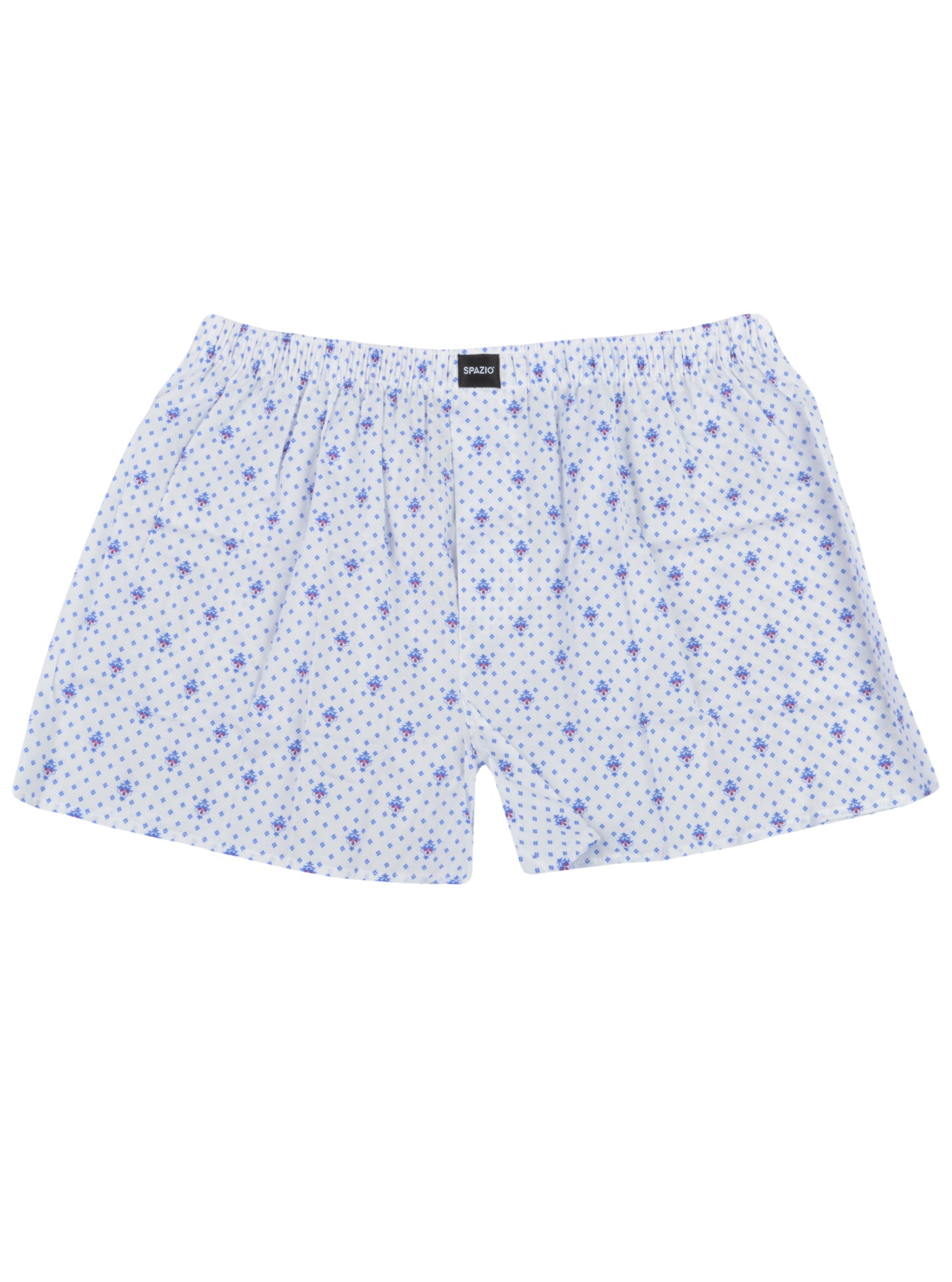 White boxer shorts with blue fleur de lis pattern on a white background