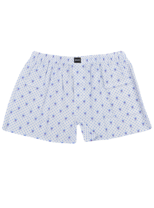 White boxer shorts with blue fleur de lis pattern on a white background