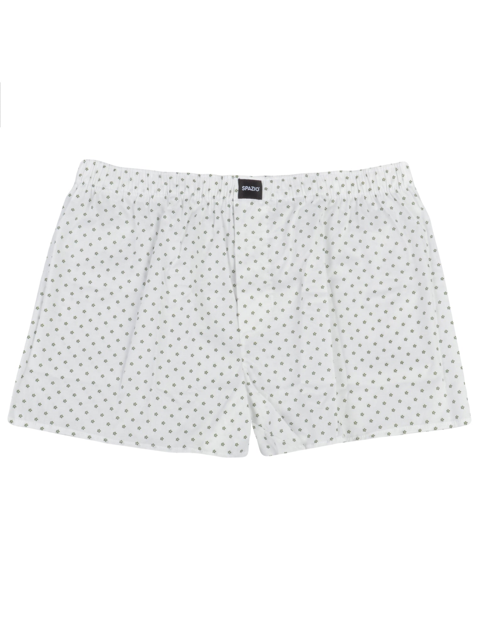White boxer briefs with a subtle green leaf pattern on a white background