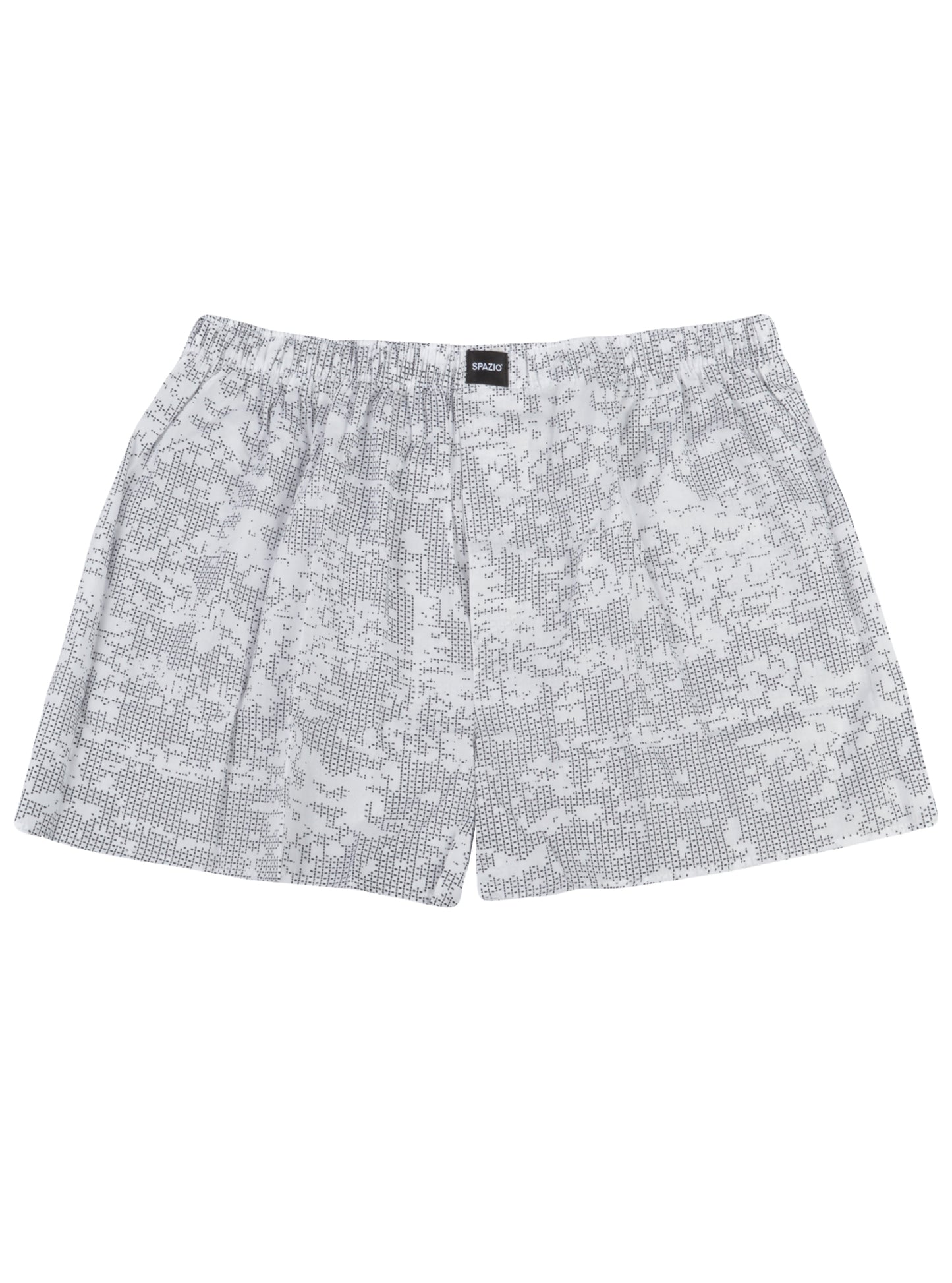 White boxer shorts with a subtle black dotted pattern on a white background