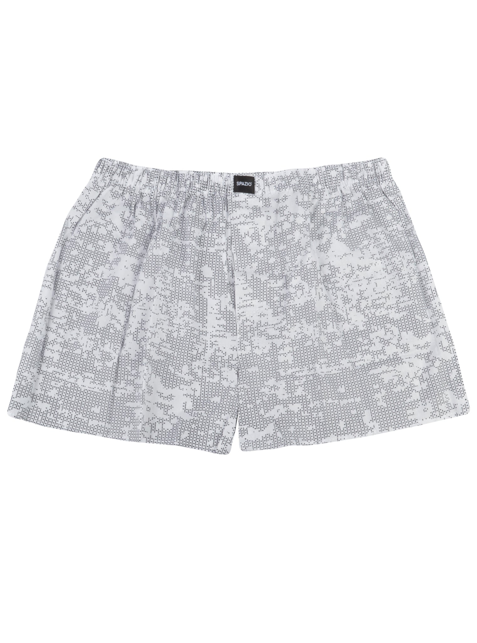 White boxer shorts with a subtle black dotted pattern on a white background