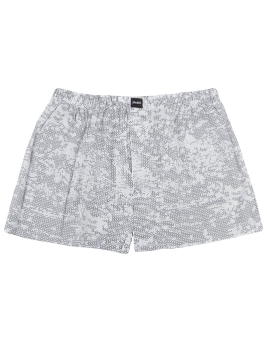 White boxer shorts with a subtle black dotted pattern on a white background