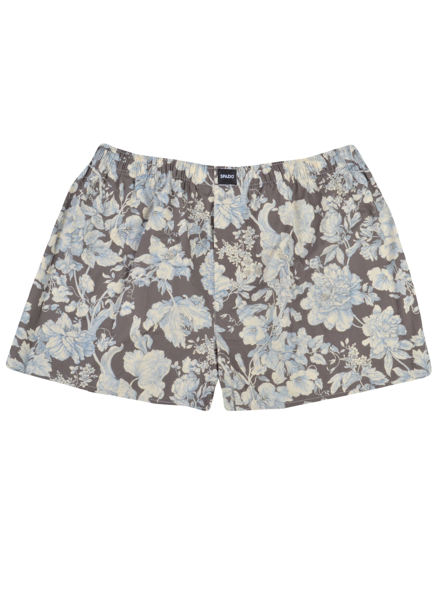 grey Floral patterned boxer shorts on a white background