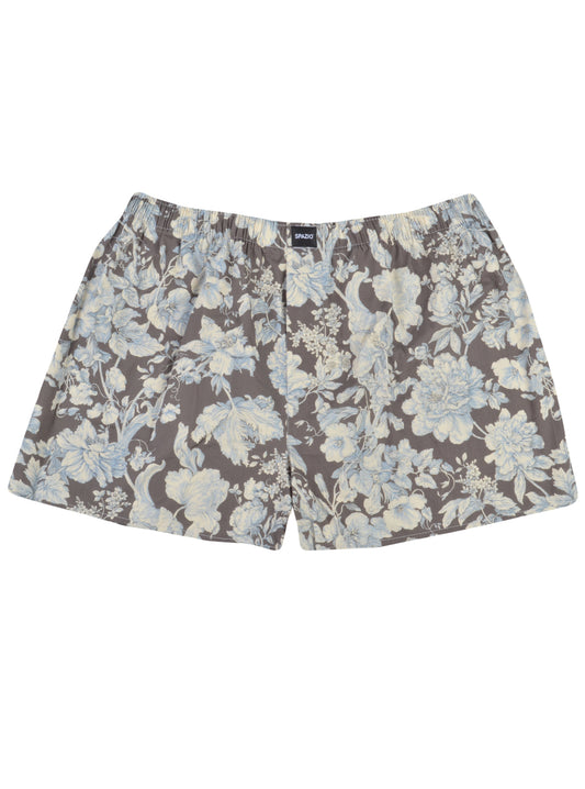 grey Floral patterned boxer shorts on a white background