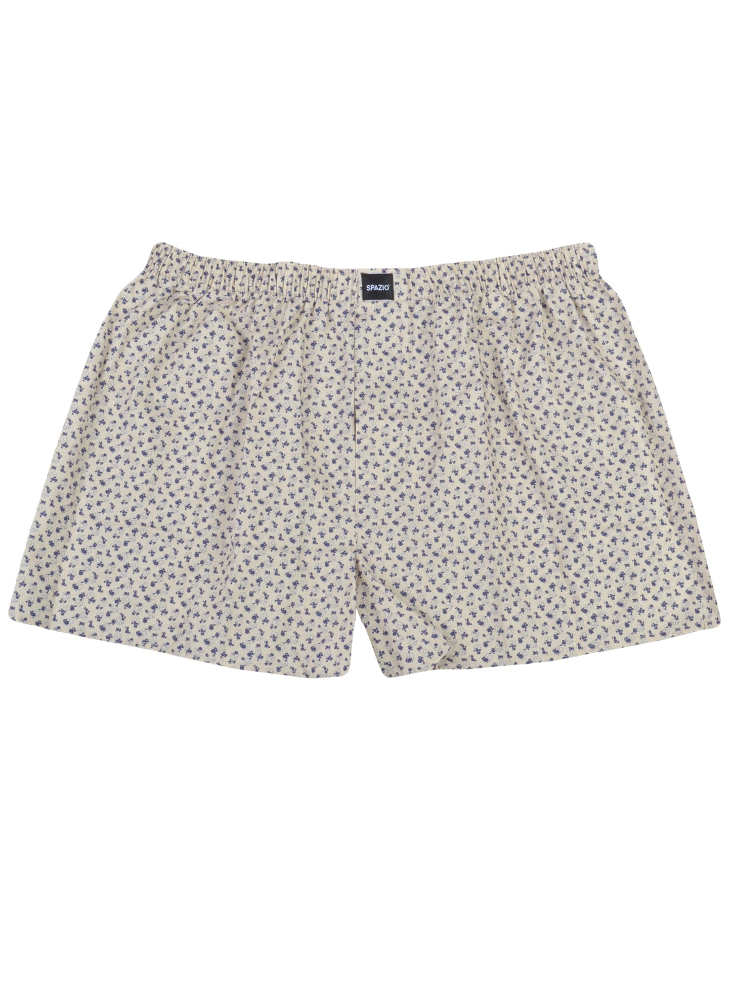 navy floral Patterned beige boxer shorts on a white background