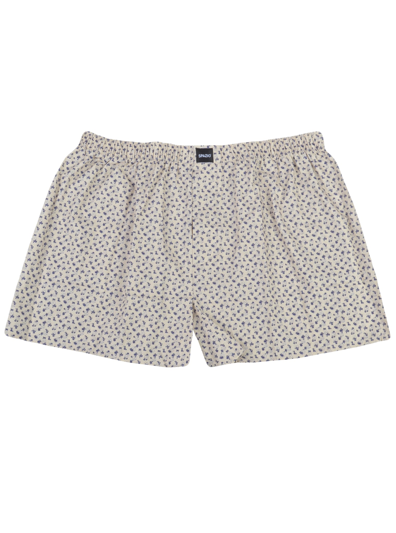 navy floral Patterned beige boxer shorts on a white background